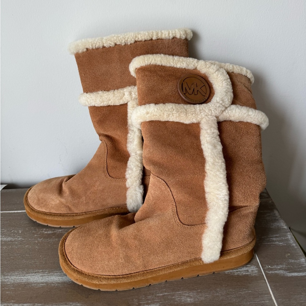 Michael Kors Shearling Style  Mid-Calf Boots Brown Fur Trim Pull-On 8M